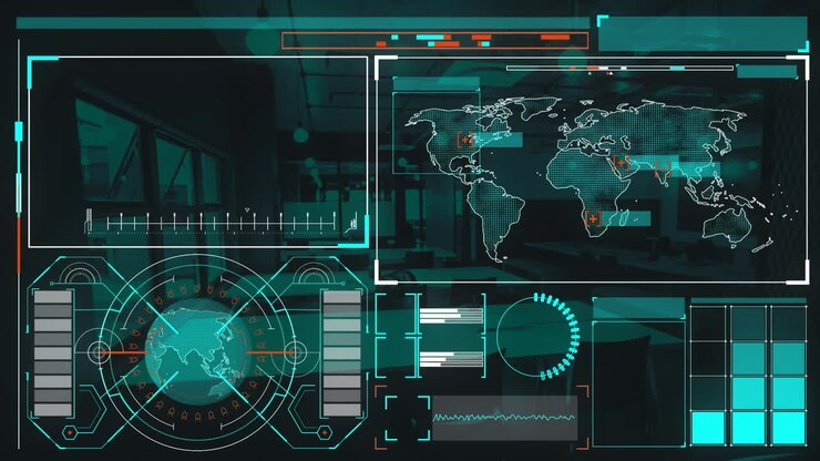 Digital animation of digital interface with data processing against empty restaurant