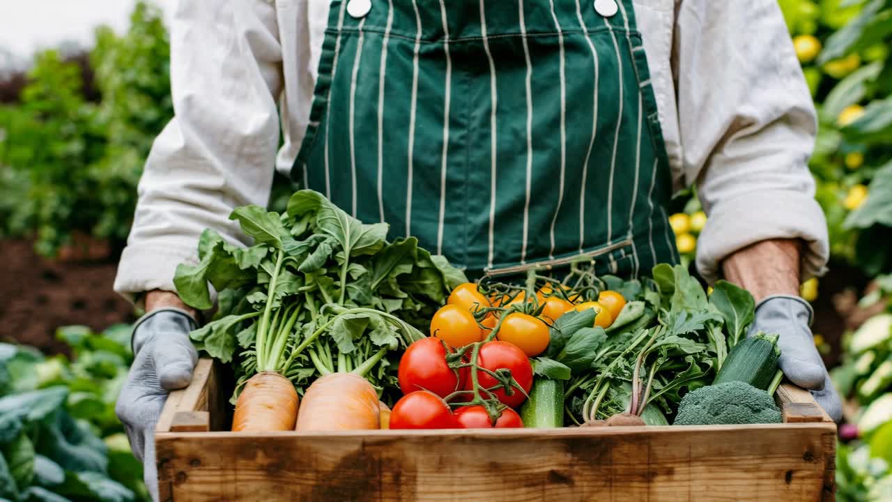 Close-up, eye-level shot of a farmer holding a wooden crate of fresh vegetables, conveying a rustic