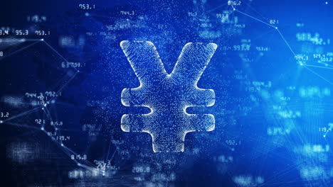 japanese yen sign on blue background with changing financial indicators. lines and dots with moving numbers. abstract looped animation.