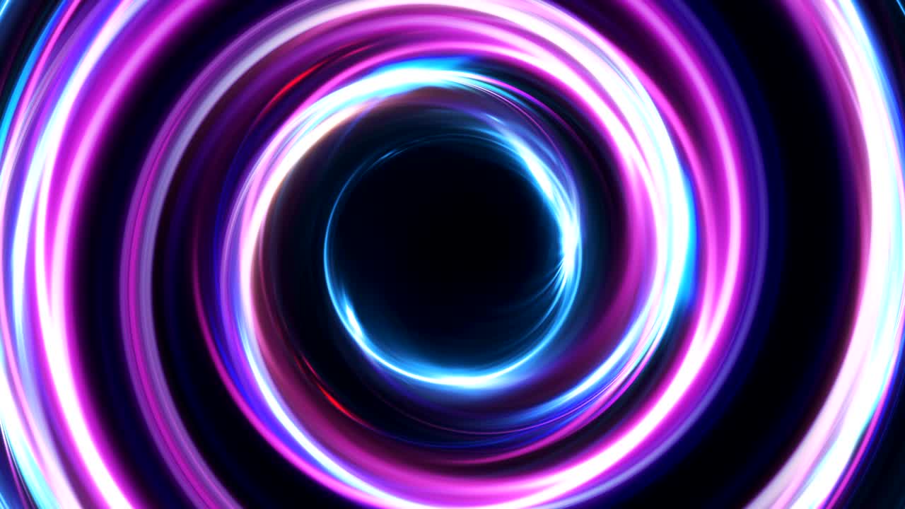 abstracto multicolor bucle sin costuras de neón fondo luminoso girando círculos brillantes. negro elegante. halo alrededor. energía aislada. chispas partícula. túnel espacial. led color elipse. brillo brillante.
