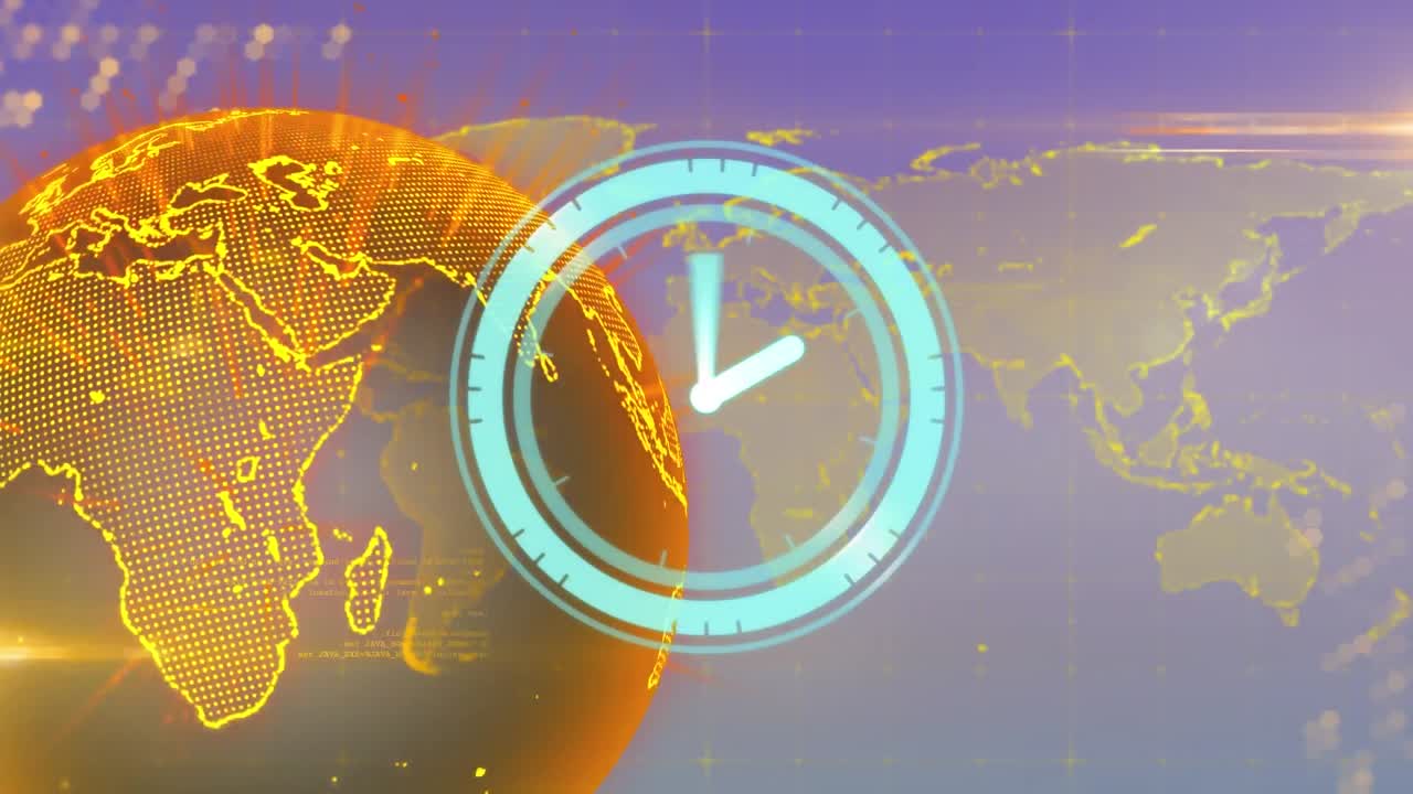 배경에서 회전하는 지구 위에서 빠르게 움직이는 시계의 애니메이션