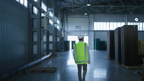 storehouse employee back view walking at factory storage workplace analysing