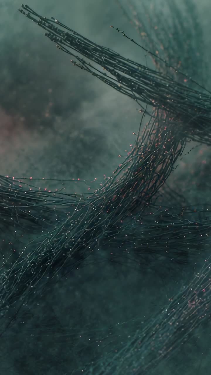 Vertical video: Waving fiber bundle reacting to pink glow rising at right in teal fog, beads moving