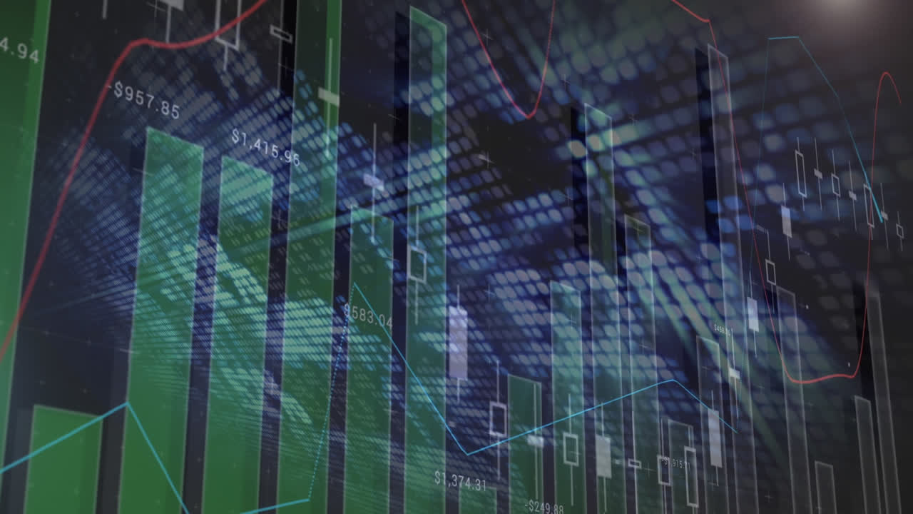 Animation of financial data processing over black background