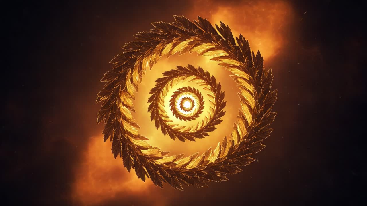 A Mesmerizing Spiral of Golden Leaves Set Against a Fiery Background, Capturing the Essence of Nature and Cosmic Energy in an Intricate Design