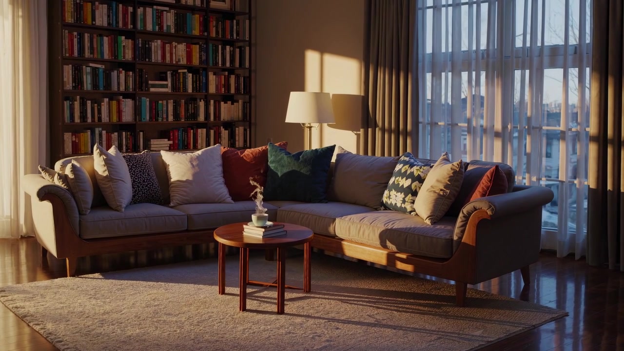 Warm Sunlight Illuminating a Cozy Living Room with Books and Coffee