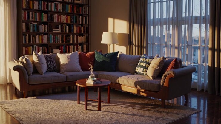 Luz solar cálida iluminando una sala de estar acogedora con libros y café
