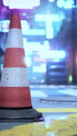 cono de tráfico en una calle húmeda de la ciudad por la noche