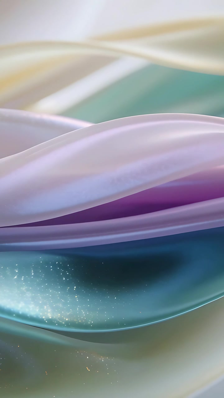 Vertical video: Flowing translucent ribbons moving on play in vertical macro, revealing teal specks