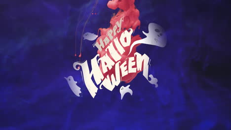 animation of happy halloween text and ghosts over pink and blue background