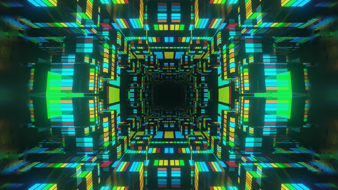 animación en bucle sin costuras de 4k. vuela a través de un túnel simétrico de espejo con patrón de neón, patrón de brillo de ciencia ficción. luz de neón de reflexión brillante. fondo brillante simple, estructura de ciencia ficción