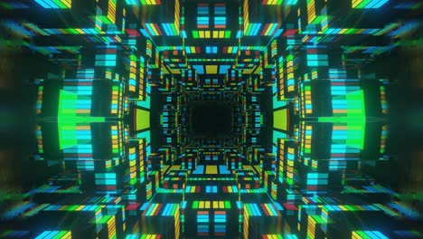 animación en bucle sin costuras de 4k. vuela a través de un túnel simétrico de espejo con patrón de neón, patrón de brillo de ciencia ficción. luz de neón de reflexión brillante. fondo brillante simple, estructura de ciencia ficción