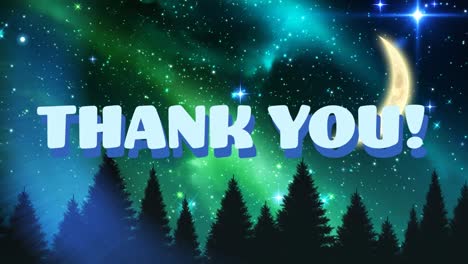 animation of thank you text over shapes and sky with moon