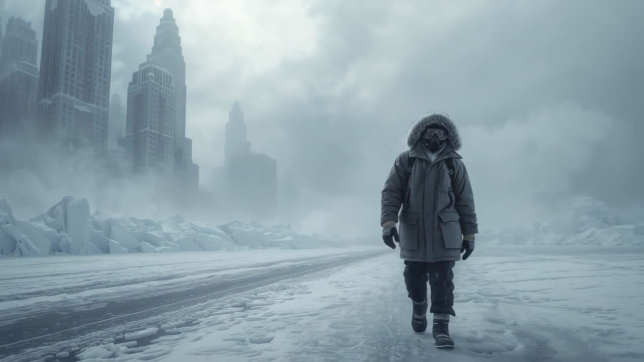 Fog shifting releasing figure in fur parka advancing across ice-locked street, with frozen towers