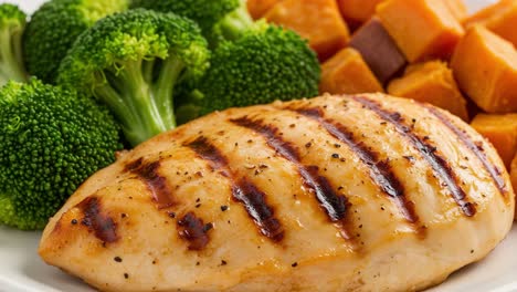 delicious grilled chicken breast served with fresh broccoli and sweet potatoes in a healthy and colorful meal