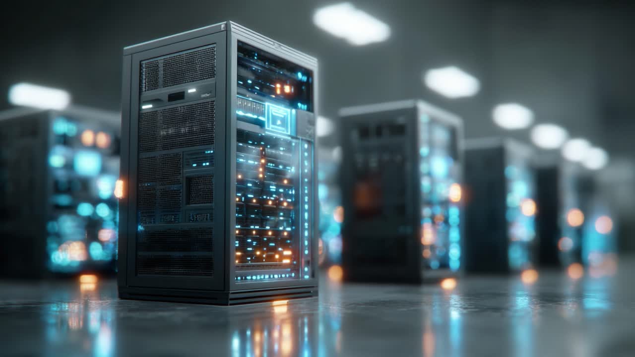 Un data center ad alta tecnologia che mostra rack di server avanzati illuminati con luci blu e arancioni in un moderno ambiente digitale