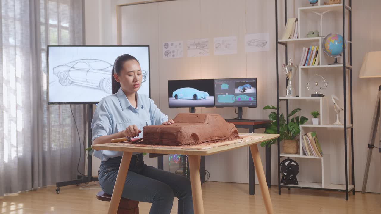 Asian Woman Automotive Designer Having A Backache While Using Knife To Smooth Out The Surface And Create Details In The Sculpture Of Car Clay In The Studio