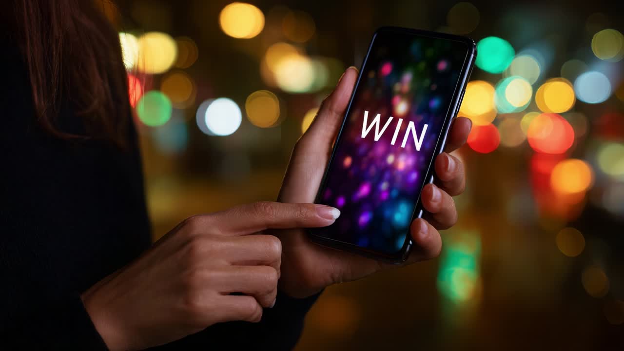 A Celebration of Victory: A Close-up Shot of a Hand Tapping a Smartphone Display Showcasing the Word 'WIN' Surrounded by a Colorful Blurred Background, Evoking Excitement and Achievement