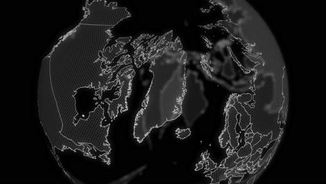 greenland country alpha for editing data analysis technology globe rotating, cinematic video showcases a digital globe rotating, zooming in on greenland country alpha for editing template