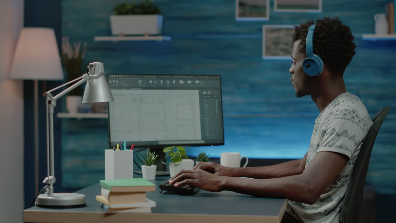 African american engineer designing blueprint plan