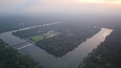 slow pushing forward aerial timelapse during the sunset of angkor wat in cambodia
