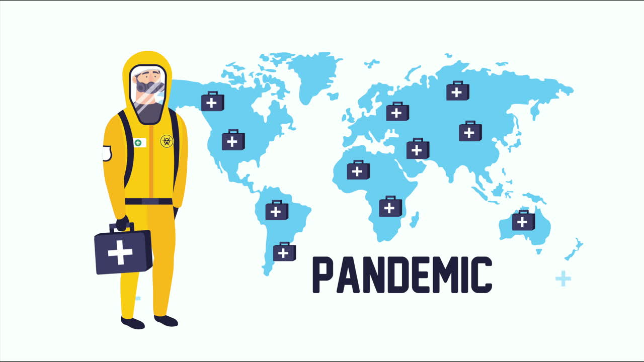 바이오 해저드 슈트와 코로나19 입자를 입은 의사