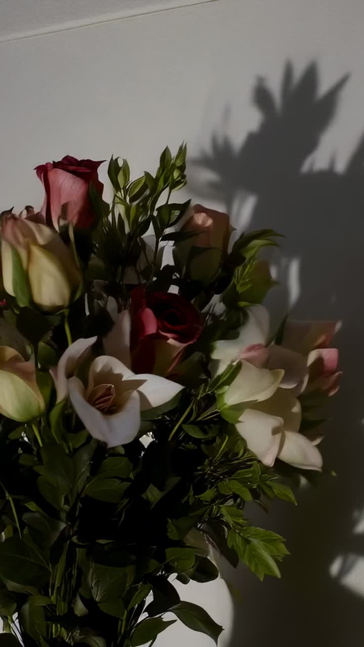 Video verticale: la camera si avvicina, la crema rosa sboccia rivelando vaso e ombra per i dettagli vicino al muro