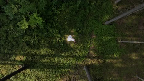 woman in white dress lying in a forest, viewed from above, embracing nature in peaceful harmony and relaxation.