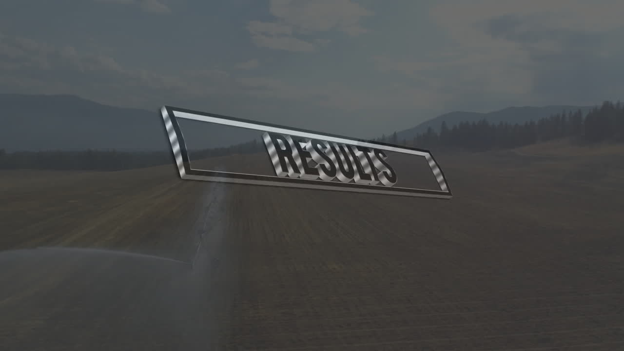 Results text animation over scenic landscape with mountains and fields