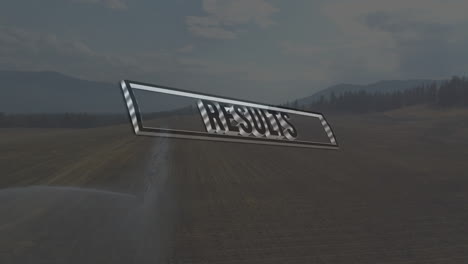 results text animation over scenic landscape with mountains and fields