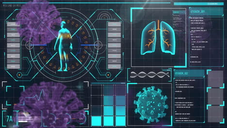 datos médicos y animación de análisis de virus sobre el cuerpo humano e ilustración de los pulmones