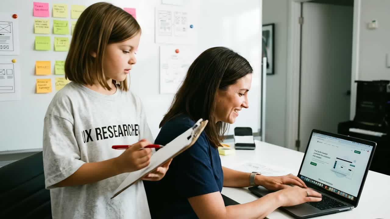 Woman and Young Girl Collaborating on Laptop in Office