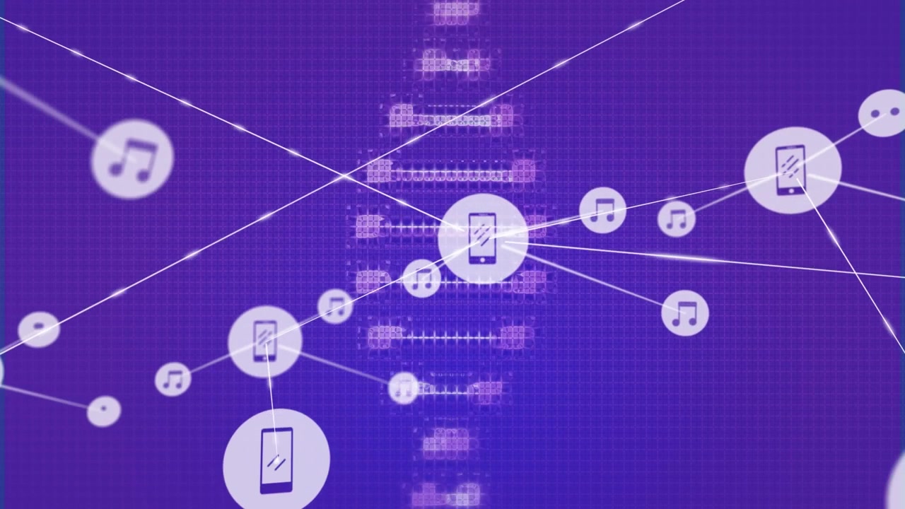 Animation of network of digital icons over spinning dna structure against blue background