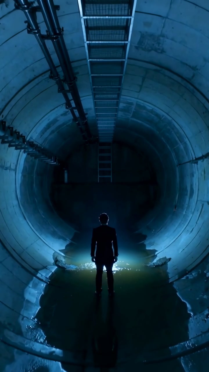 Vertical video: Standing dark-clad man probing shaft as blue light at feet rising, ladder and water