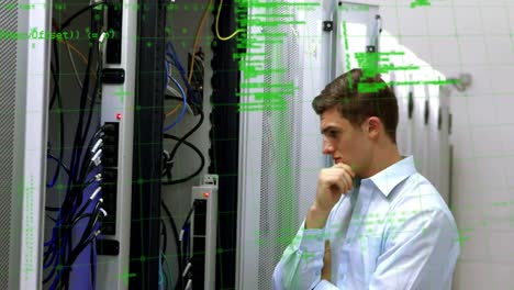 Animation-of-data-processing-over-caucasian-man-in-server-room