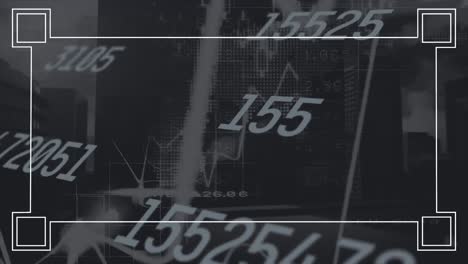 animación de números cambiantes y procesamiento de datos financieros contra edificios altos