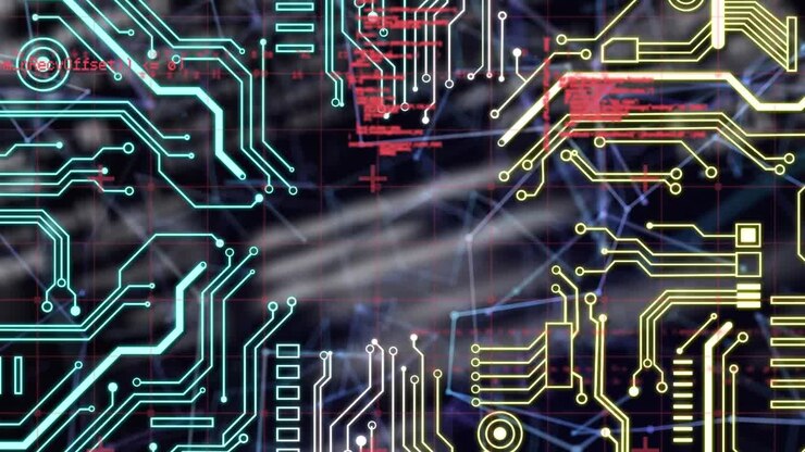 Animation of data processing and network of connections over computer circuit board