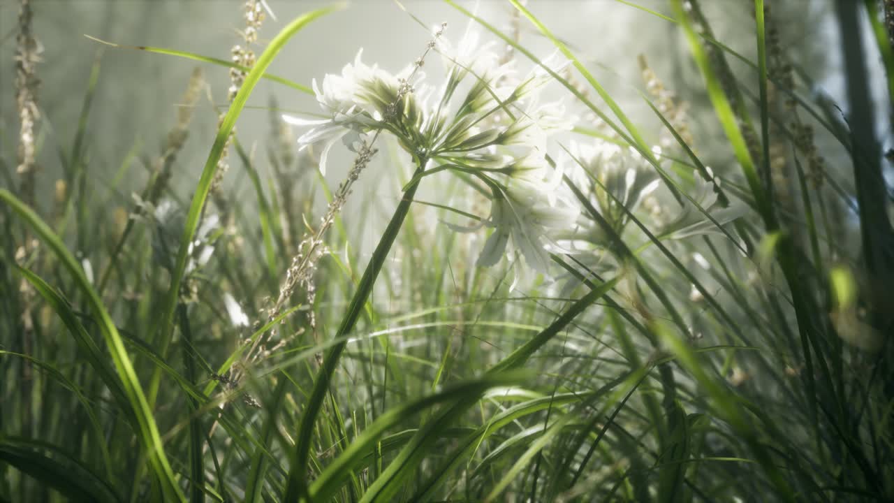 잔디 꽃 필드와 부드러운  ⁇ 빛을 배경으로.
