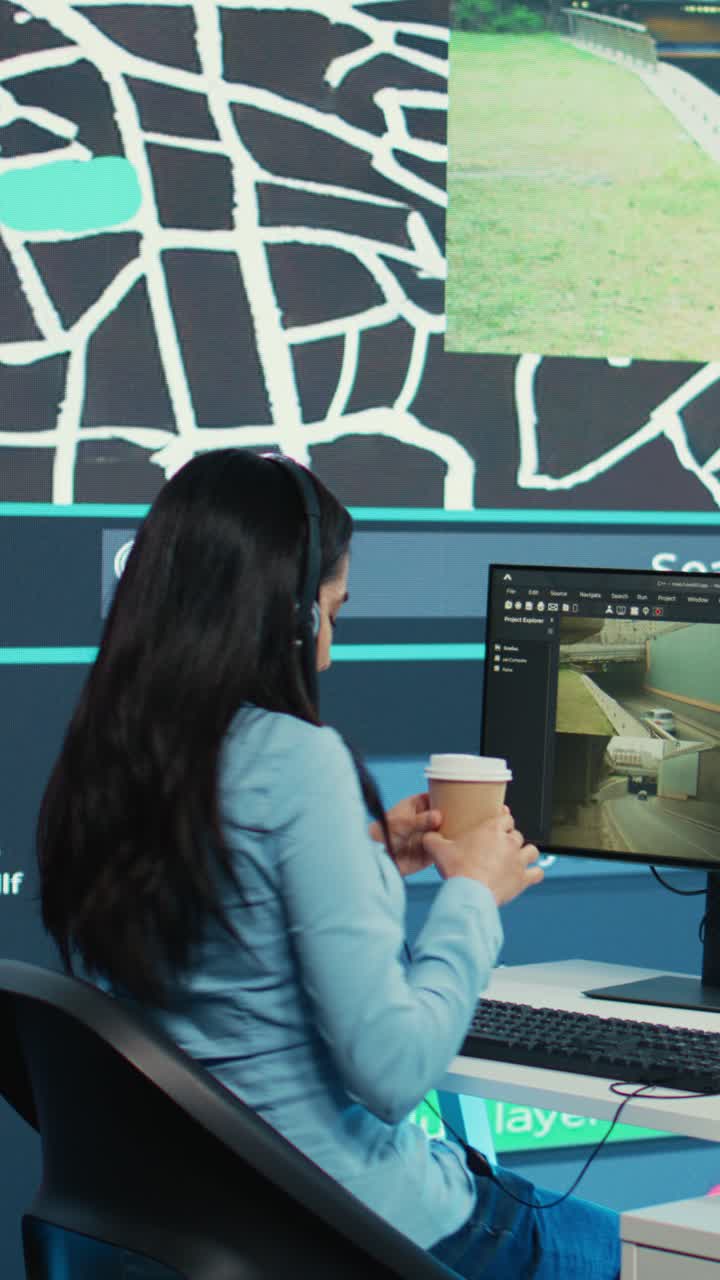 Female Operator Analyzing Traffic Data in a High-Tech Control Room