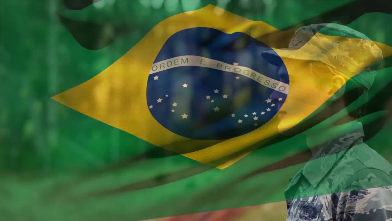 animación de la bandera de brasil sobre el soldado caucásico
