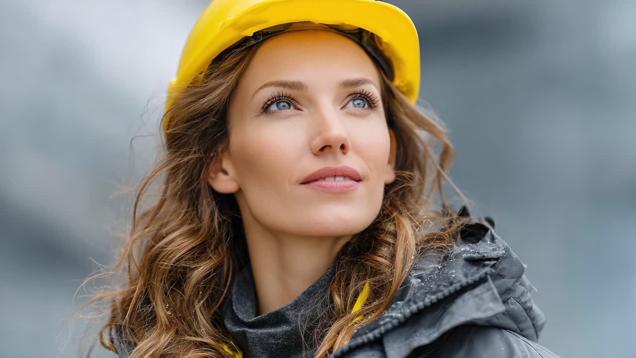 Confident Woman in Hard Hat Looks Upward, Exuding Determination and Vision for Future Success in Construction or Engineering Industry