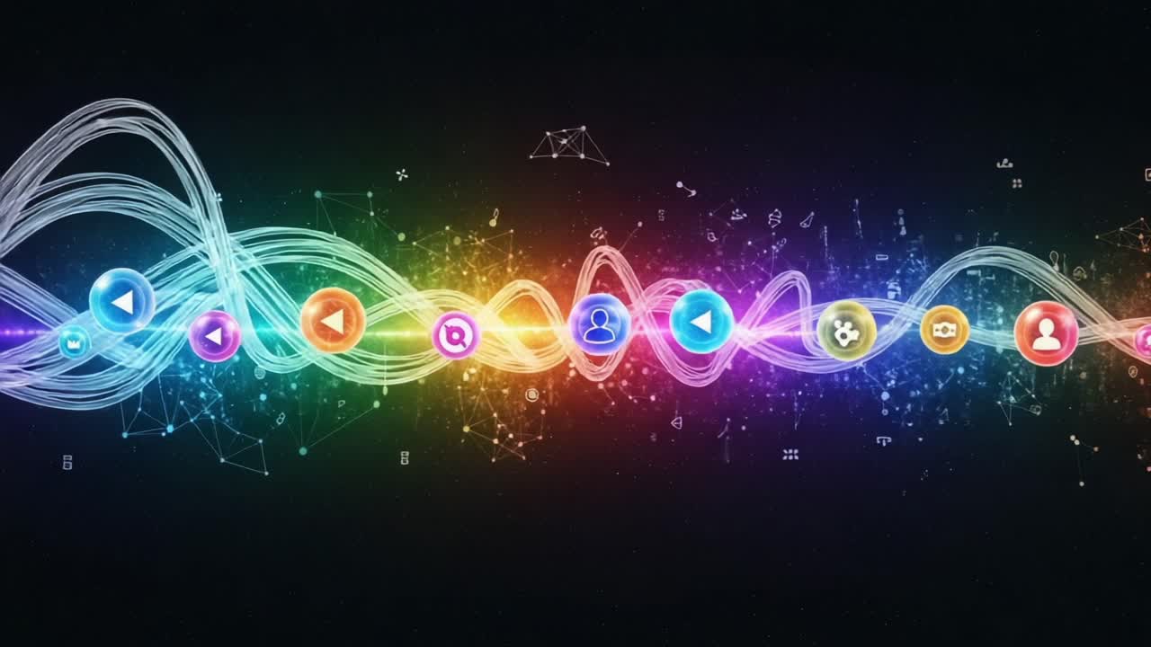 A Vibrant Spectrum of Digital Connectivity: A Dynamic Display of Colorful Icons and Data Waves Illustrating the Pulse of Modern Technology and Communication