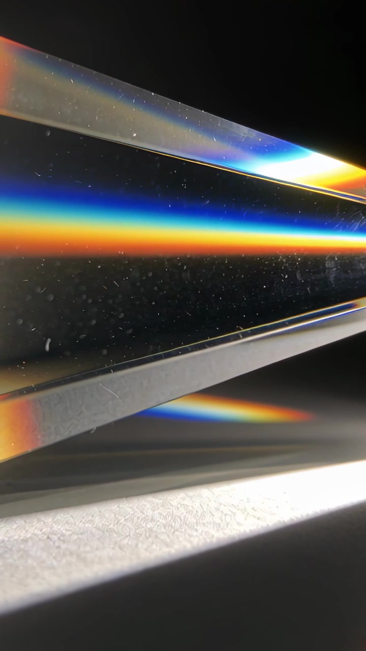 Verticale video: Verschuivend prisma creëert regenboogstreep in donkere kamer na lichtverschuiving en reflectie.