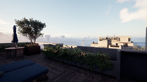 a rooftop terrace with a city view