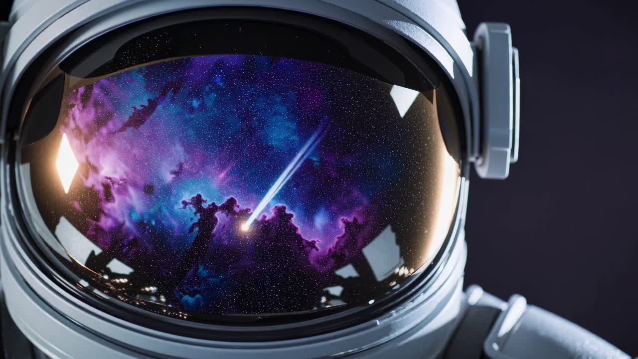 Close-up of an astronaut helmet reflecting a colorful galaxy. The video captures a cosmic scene