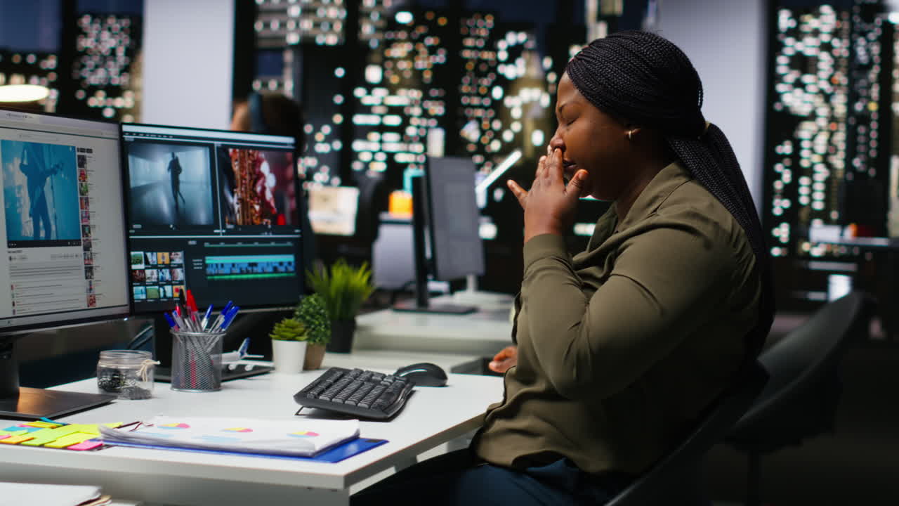 Woman film editor yawning and stretching her back on chair at night