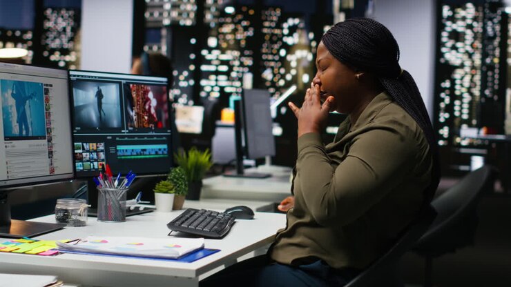 Woman film editor yawning and stretching her back on chair at night