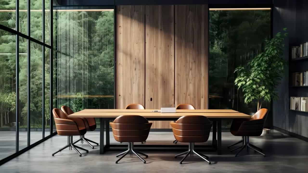 Modern conference room with leather chairs and wooden table, captured from a low angle