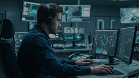 focused analyst monitoring data in a modern control room, analyzing complex graphics and metrics from multiple screens for in-depth insights
