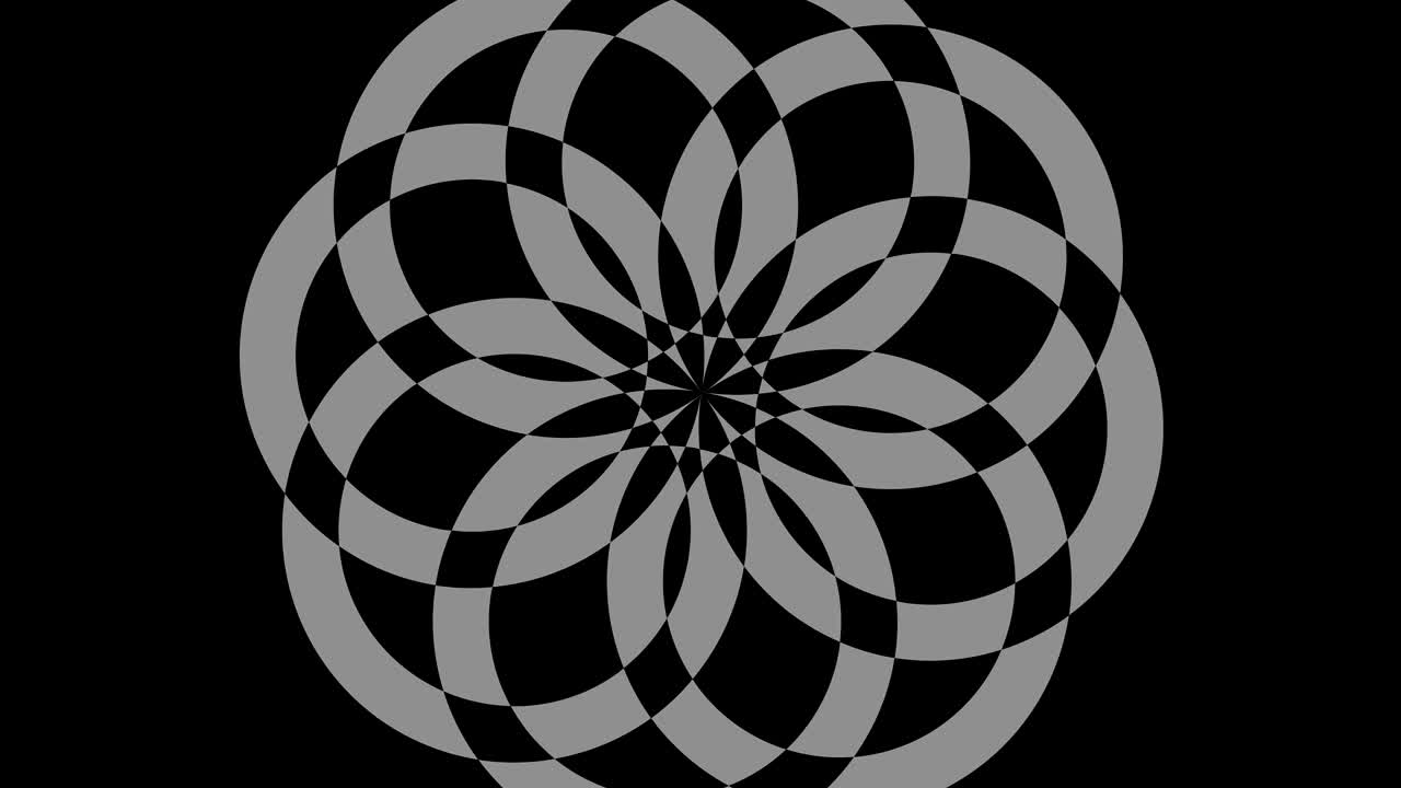 Graphic object in black and white with stroboscopic and hypnotic effect, which rotates clockwise decreasing the size from full screen to disappearing in the center, in 16: 9 video format